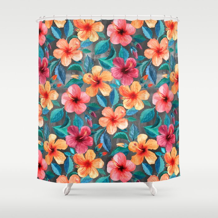 Colorful Watercolor Hibiscus on Dark Charcoal Shower Curtain