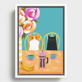French Press Coffee Cats and Bananas Framed Canvas
