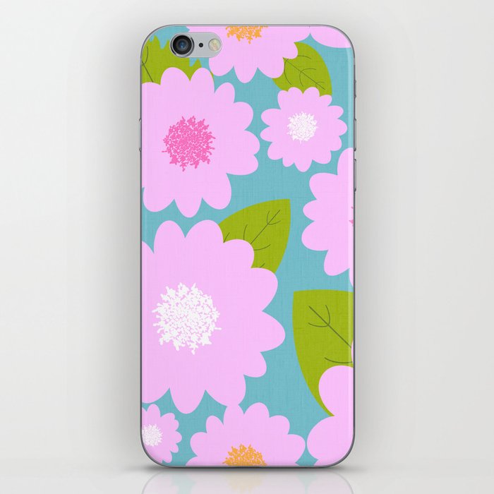 Cheerful Retro Modern Pink Flowers On Bright Turquoise iPhone Skin