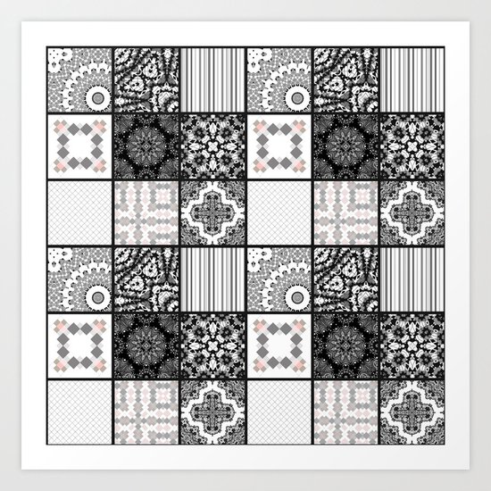 Patchwork . Squares of black, gray Patterns . Art Print