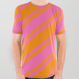 [ Thumbnail: Dark Orange & Hot Pink Colored Striped/Lined Pattern All Over Graphic Tee ]