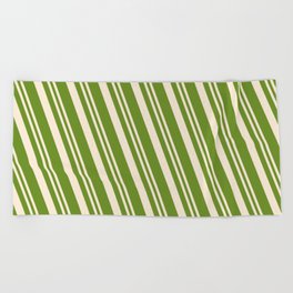 [ Thumbnail: Beige & Green Colored Lines Pattern Beach Towel ]