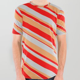 [ Thumbnail: Light Grey, Brown & Red Colored Lines Pattern All Over Graphic Tee ]