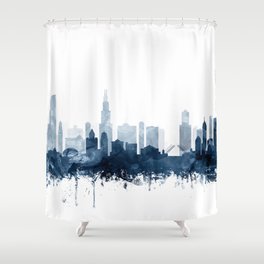 Chicago Skyline Navy Blue Watercolor by Zouzounio Art Shower Curtain
