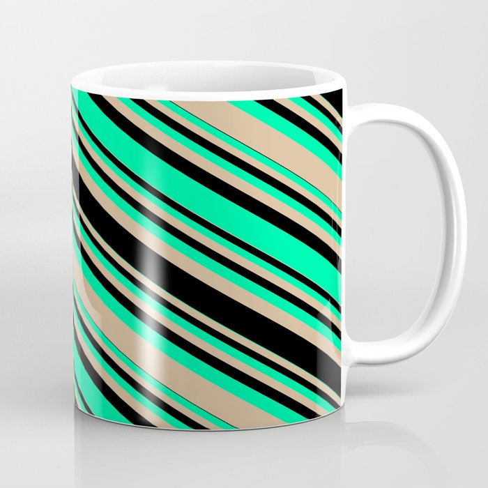 Green, Tan, and Black Colored Striped/Lined Pattern Coffee Mug
