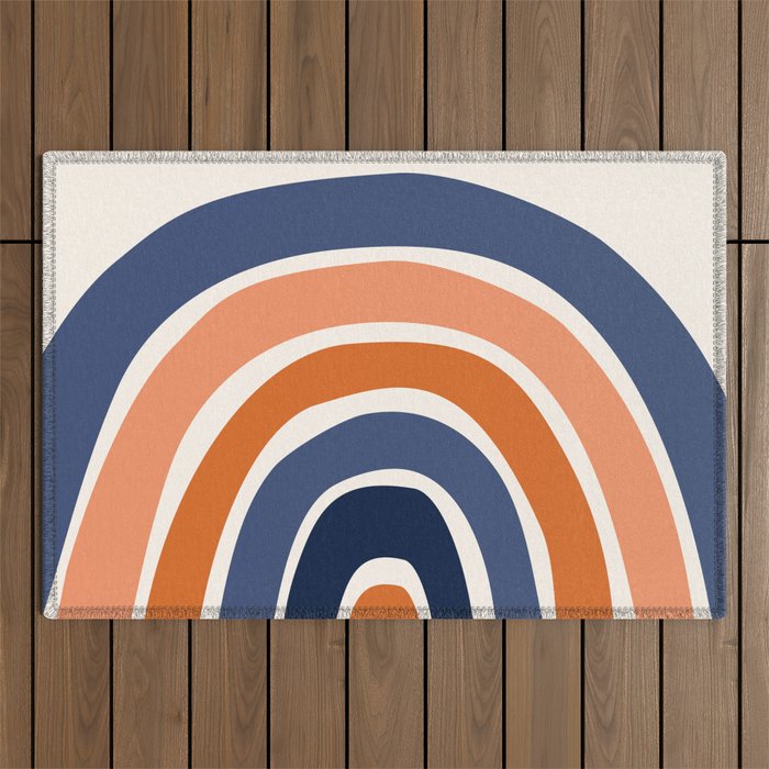 Abstract Shapes 165 in Navy Blue and Vintage Orange (Rainbow Abstraction) Outdoor Rug
