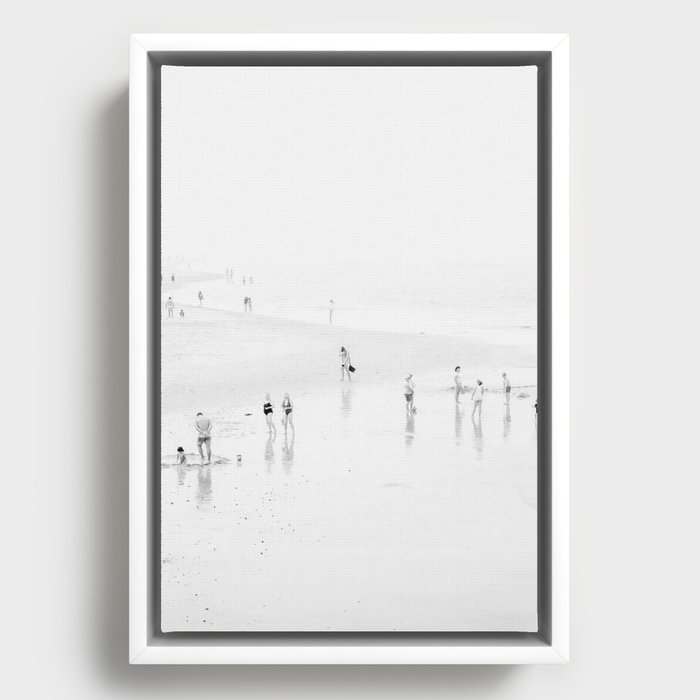 Beach Print - Black and White Beach People - Minimal Beach Decor - Ocean - Sea Travel photography Framed Canvas