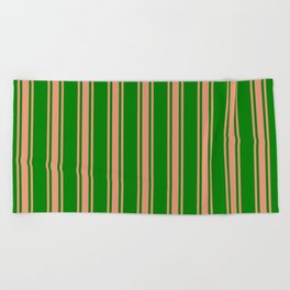 [ Thumbnail: Green and Dark Salmon Colored Lines/Stripes Pattern Beach Towel ]