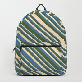 [ Thumbnail: Bisque, Blue, and Dark Olive Green Colored Lines/Stripes Pattern Backpack ]
