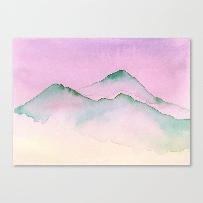 Green Top Mountain Range With Pink Sky Canvas Print