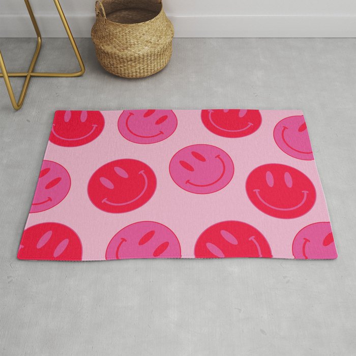 Large Pink and Red Vsco Smiley Face Pattern - Preppy Aesthetic Rug