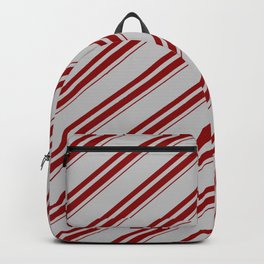 [ Thumbnail: Grey and Dark Red Colored Lined Pattern Backpack ]