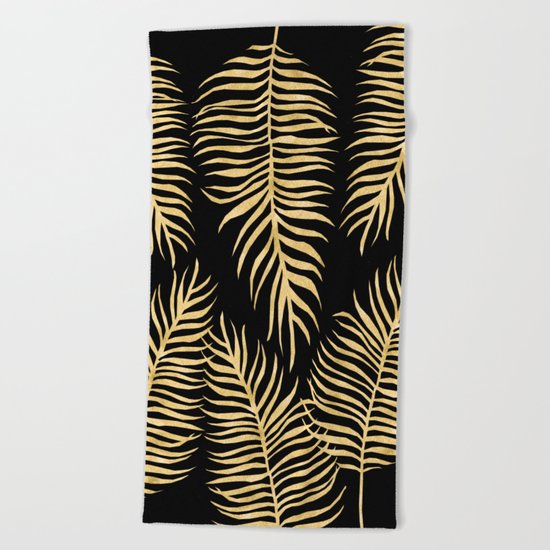 Fern Pattern Gold On Black Background Beach Towel
