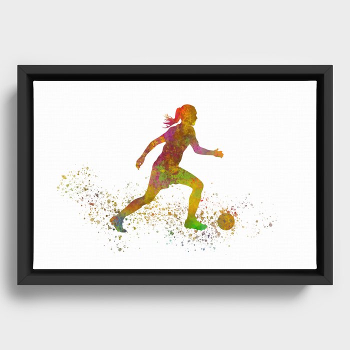 Young soccer kicking in watercolor Framed Canvas