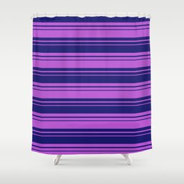 [ Thumbnail: Midnight Blue & Orchid Colored Lined/Striped Pattern Shower Curtain ]
