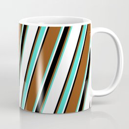 [ Thumbnail: Brown, Turquoise, White, and Black Colored Lines/Stripes Pattern Coffee Mug ]
