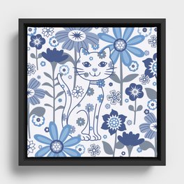 Blue and White Garden Cat Framed Canvas