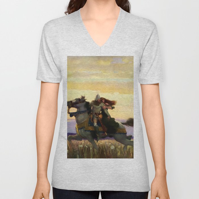 “Sir Lancelot Rides Away with Guinevere” by NC Wyeth V Neck T Shirt
