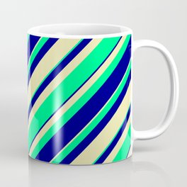 [ Thumbnail: Pale Goldenrod, Green, and Blue Colored Stripes/Lines Pattern Coffee Mug ]