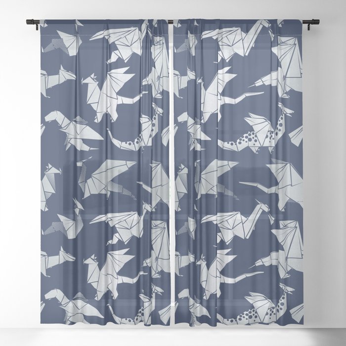 Origami metallic dragon friends // oxford navy blue background metal silver fantasy animals Sheer Curtain