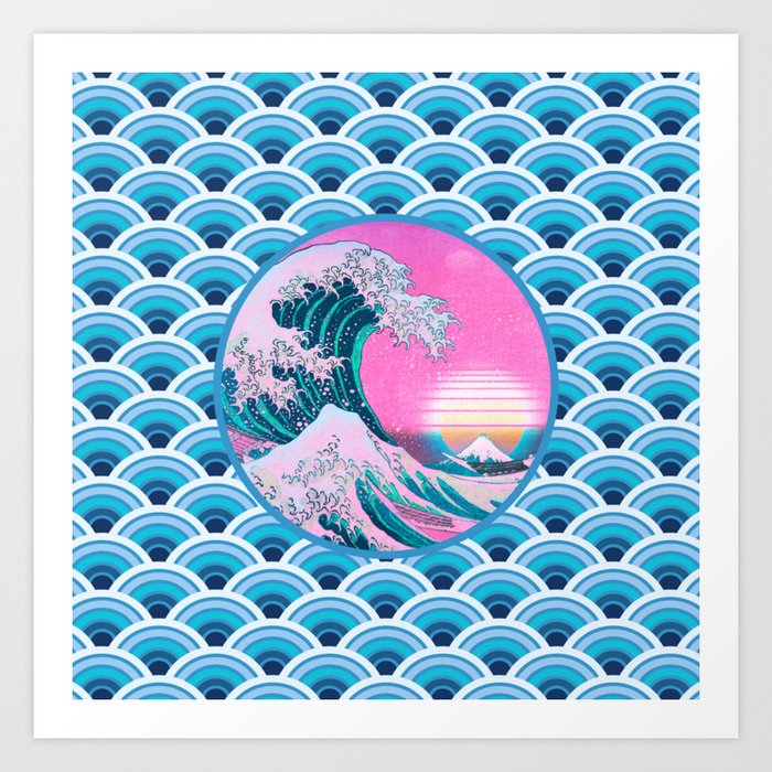 Vaporwave Aesthetic Great Wave Seigaiha Ocean Sunset Art Print