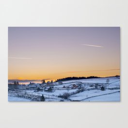 Winter landscape, sunset, village Canvas Print