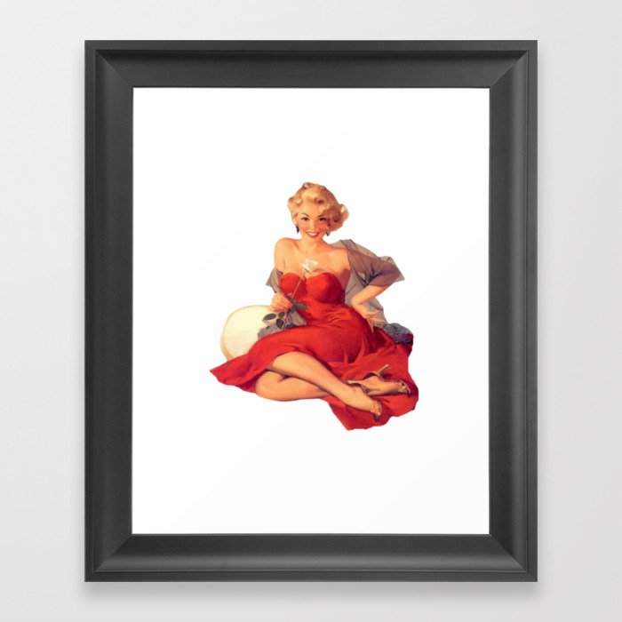 Sexy Blonde Pin Up With White Rose and Red Dress Vintage  Framed Art Print