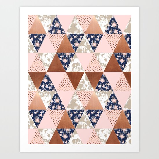 Floral bouquet pastel navy pink florals painted quilt metallic pattern basic minimal quilt pattern Art Print