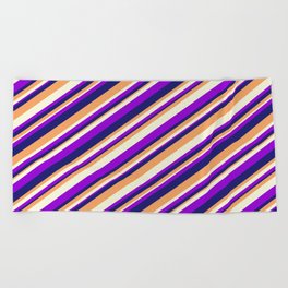 [ Thumbnail: Dark Violet, Midnight Blue, Brown, and Beige Colored Striped Pattern Beach Towel ]