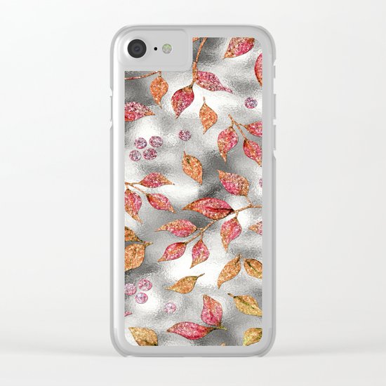 Autumworld- Sparkling pink glitter leaves on silver background #Society6 Clear iPhone Case