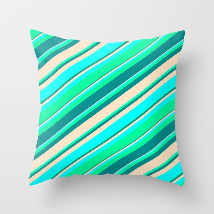 Green, Dark Cyan, Bisque, and Aqua Colored Pattern of Stripes Throw Pillow
