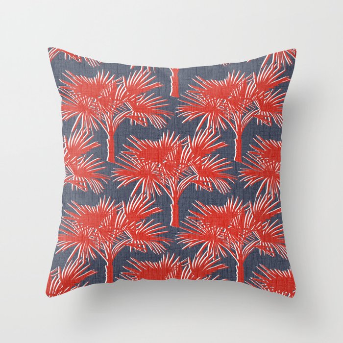 70’s Palm Trees Silhouette Red on Navy Throw Pillow