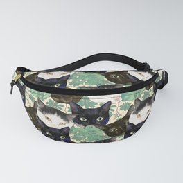 Cute Black and White Cat Portraits and Monstera Leaves Pattern Fanny Pack