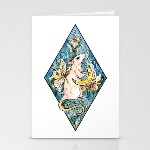 Rat with moon and lily ~ watercolor illustration Stationery Cards