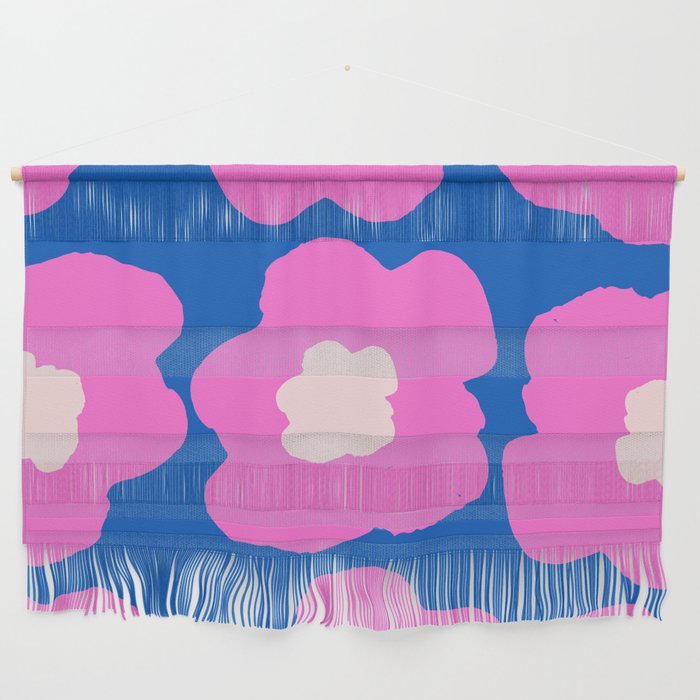 Large Pop-Art Retro Flowers in Pink on Blue Background  Wall Hanging