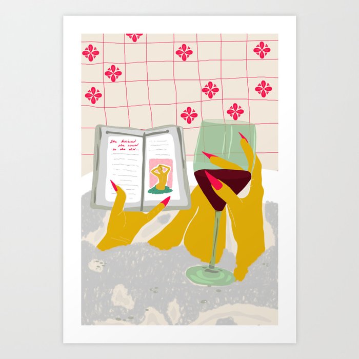 Book wine and bath - relax time - pink yellow blue illustration Art Print