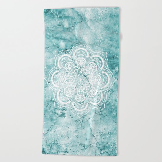 Mandala on teal marble. Beach Towel