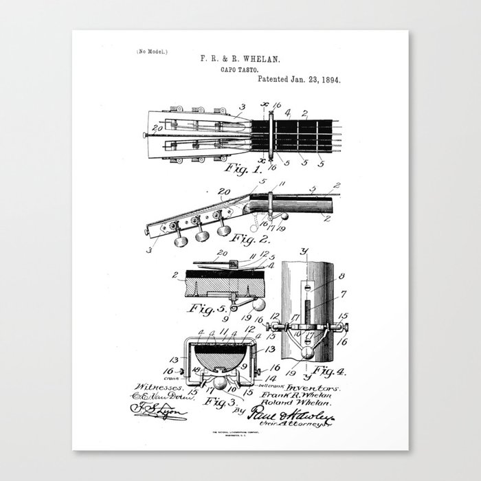 Guitar Capo Tasto Vintage Patent Hand Drawing Canvas Print by