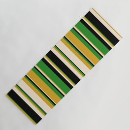 [ Thumbnail: Goldenrod, Beige, Black & Forest Green Colored Striped Pattern Yoga Mat ]