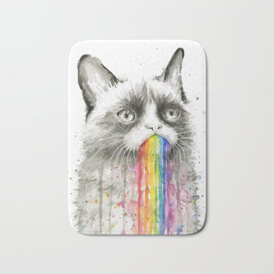 Grumpy Rainbow Cat Watercolor Animal Meme Geek Art Bath Mat
