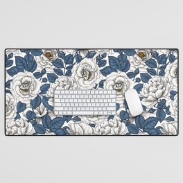 White roses with blue leaves on white Desk Mat