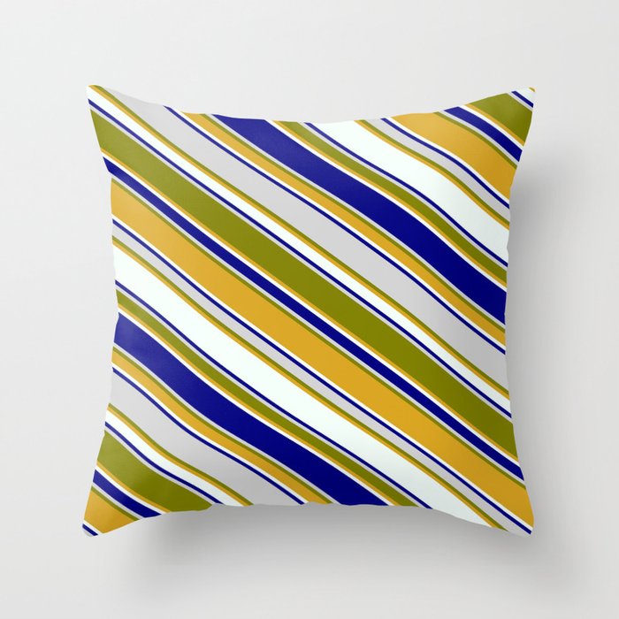 Colorful Light Gray, Green, Goldenrod, Mint Cream, and Blue Colored Pattern of Stripes Throw Pillow