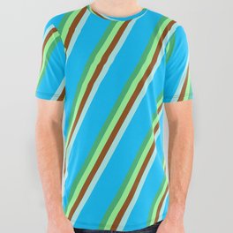 [ Thumbnail: Eyecatching Sea Green, Green, Brown, Turquoise, and Deep Sky Blue Colored Lined Pattern All Over Graphic Tee ]