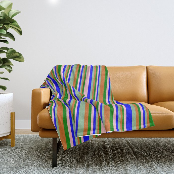 Eyecatching Pink, Blue, Dark Sea Green, Chocolate, and Green Colored Pattern of Stripes Throw Blanket