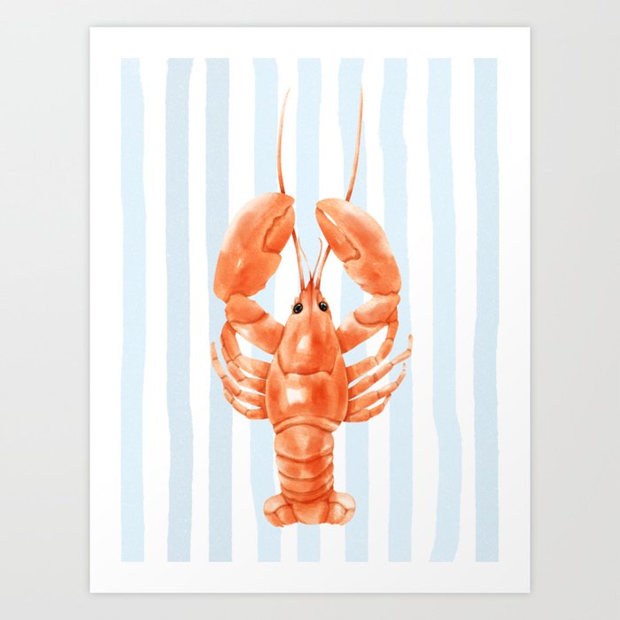 Retro Coastal Red lobster and blue stripes Art Print