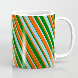 [ Thumbnail: Dark Green, Sky Blue, and Red Colored Striped Pattern Coffee Mug ]