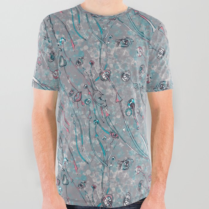 Psychedelic mushrooms on gray All Over Graphic Tee