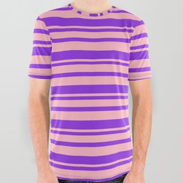 [ Thumbnail: Purple & Light Pink Colored Stripes/Lines Pattern All Over Graphic Tee ]