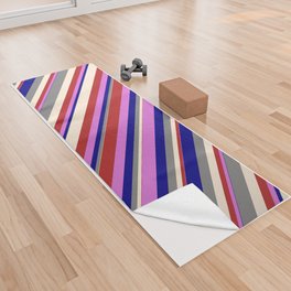 [ Thumbnail: Vibrant Orchid, Red, Beige, Grey, and Blue Colored Lines/Stripes Pattern Yoga Towel ]