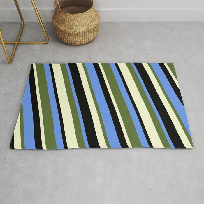Cornflower Blue, Dark Olive Green, Light Yellow, and Black Colored Lines/Stripes Pattern Rug